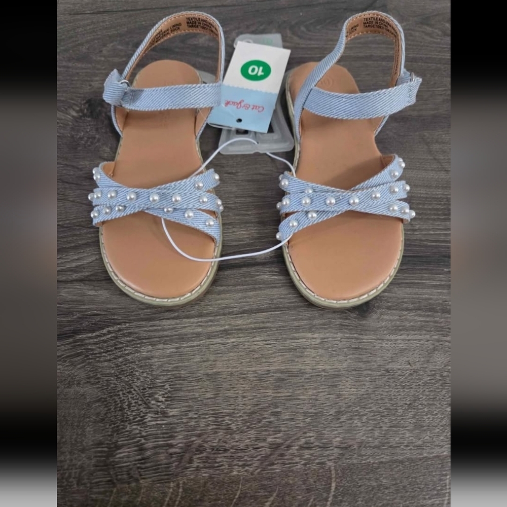 Cat & Jack Girls Denim Pearl Embellished Sandals Size 10 NWT